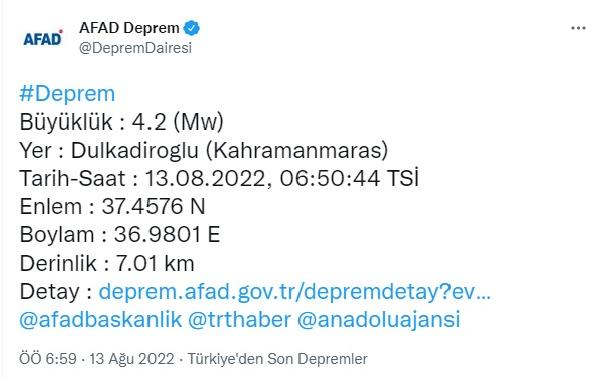 Kahramanmaraş'ta 4.2 büyüklüğünde deprem