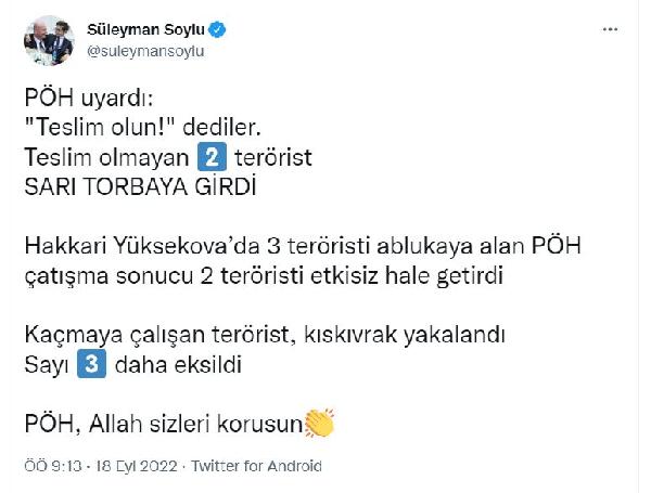 Bakan Soylu: Hakkari'de 2 terörist etkisiz hale getirildi, 1 terörist yakalandı