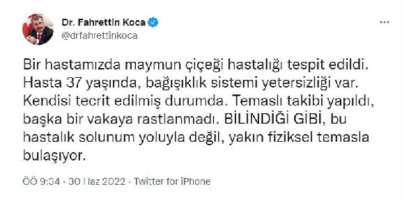 Bakan Koca: Bir hastamızda maymun çiçeği hastalığı tespit edildi