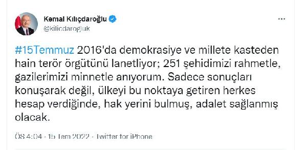 Kılıçdaroğlu'ndan '15 Temmuz' mesajı