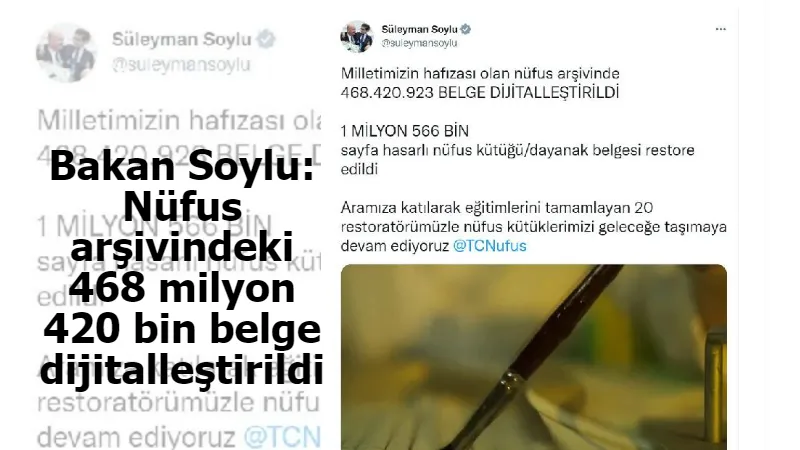 Bakan Soylu: Nüfus arşivindeki 468 milyon 420 bin belge dijitalleştirildi