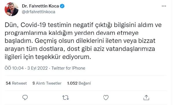 Bakan Koca, koronavirüsü atlattı