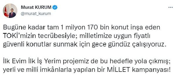 Bakan Kurum: TOKİ'ye borcu devam edenler için indirim kampanyamız hazır