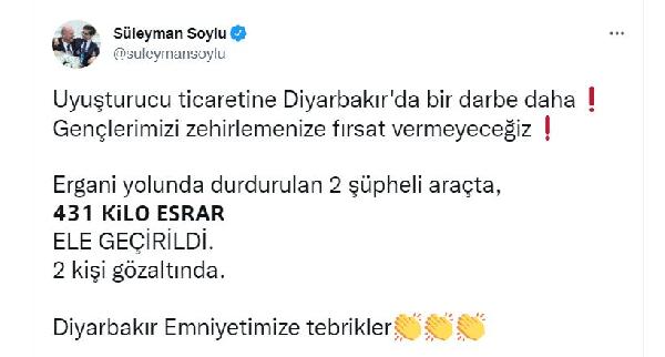 Bakan Süleyman  Soylu: Diyarbakır'da 431 kilo esrar ele geçirildi