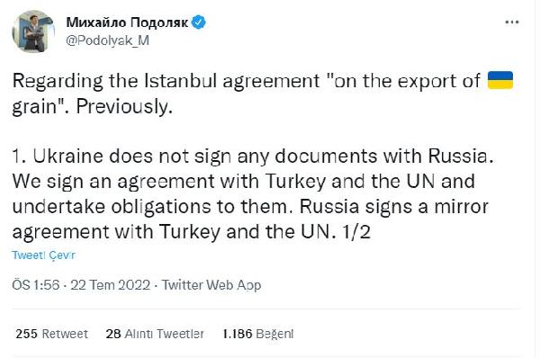 Zelenski’nin Danışmanı Podolyak: Biz, Türkiye ve BM ile anlaşma imzalayacağız