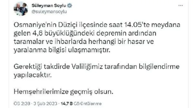 Bakan Soylu :Deprem'de hasar ve yaralanma yok