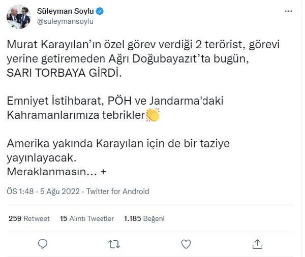 Bakan Süleyman Soylu: Karayılan'ın özel görev verdiği 2 terörist etkisiz hale getirildi