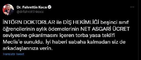 Koca'dan, İntörn Doktorlar ve Diş Hekimliği 5'inci sınıf öğrencileri için 'ücret' açıklaması