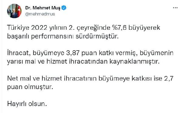 Bakan Muş: Türkiye yüzde 7,6 büyüyerek başarılı performansını sürdürdü
