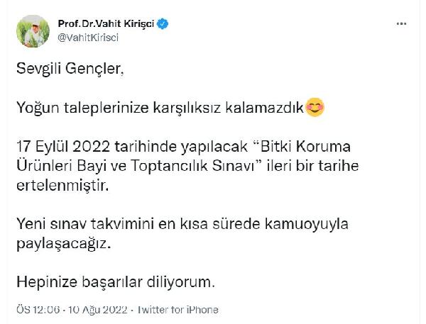 Bakan Kirişci: Bitki Koruma Ürünleri Bayi ve Toptancılık Sınavı ertelendi