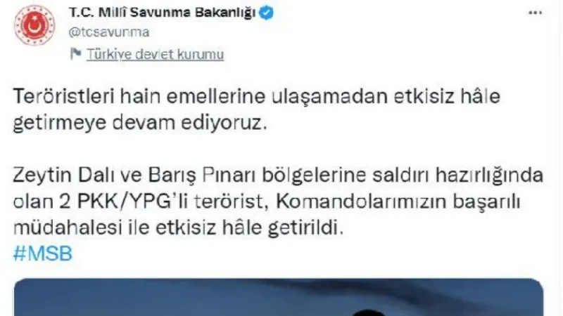 MSB: 2 PKK/YPG'li terörist etkisiz hale getirildi