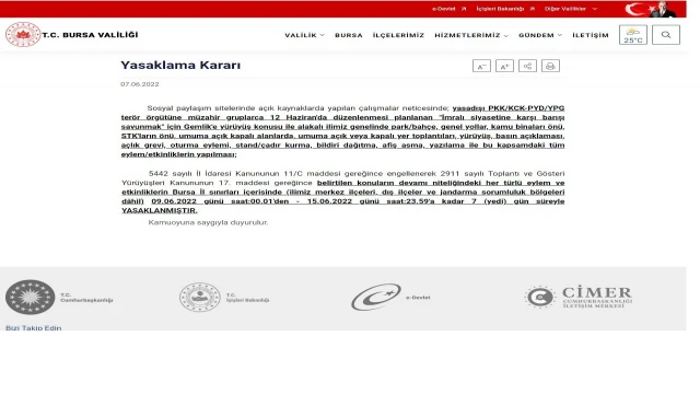 Bursa Valiliğinden yasaklama kararı