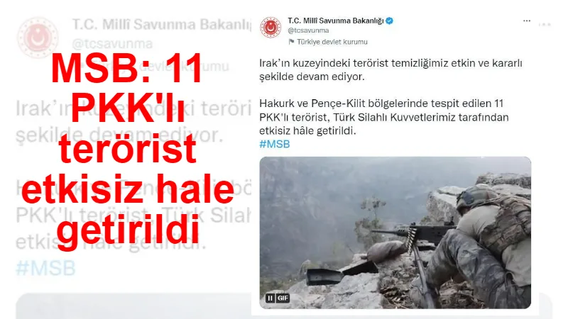 MSB: 11 PKK'lı terörist etkisiz hale getirildi