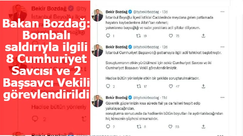 Bakan Bozdağ: Bombalı saldırıyla ilgili 8 Cumhuriyet Savcısı ve 2 Başsavcı Vekili görevlendirildi