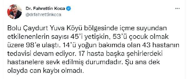 Bakan Koca: Bolu'da içme suyundan etkilenenlerin sayısı 98'e ulaştı