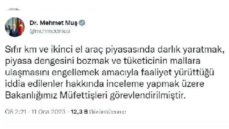 Bakanlıktan sıfır ve ikinci el araç piyasasına yönelik inceleme