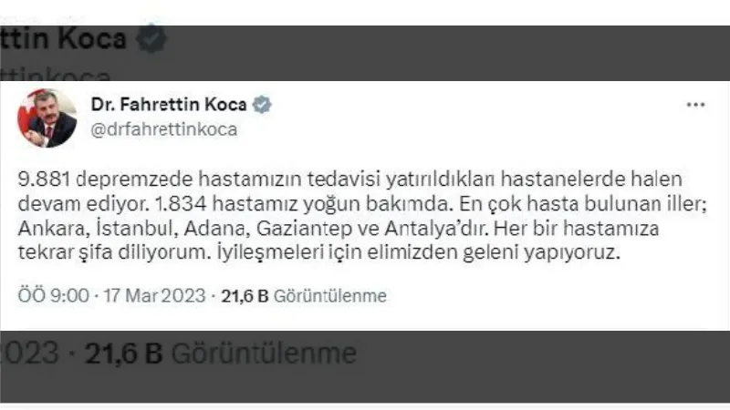 Bakan Koca: 9 bin 881 depremzedenin hastanelerde tedavisi sürüyor