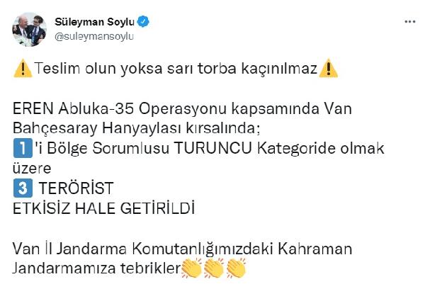 Bakan Soylu: 1'i bölge sorumlusu 3 terörist etkisiz hale getirildi