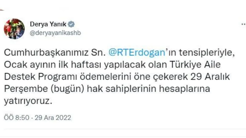 Bakan Yanık: 'Türkiye Aile Destek Programı' ödemelerini öne çekiyoruz