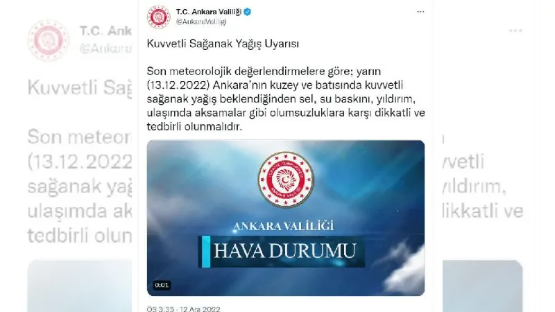 Ankara Valiliği'nden 'sağanak' uyarısı