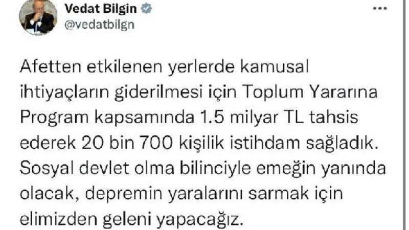 Deprem bölgesine kamu ihtiyaçları için 1,5 milyar TL