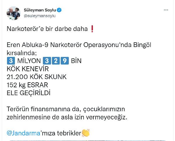 Bakan Süleyman Soylu: Bingöl'de 3 milyon kök kenevir ele geçirildi