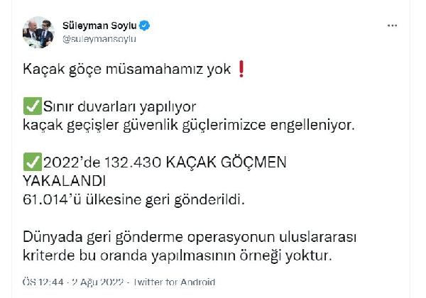 Bakan Süleyman Soylu: 2022'de 132 bin 430 kaçak göçmen yakalandı
