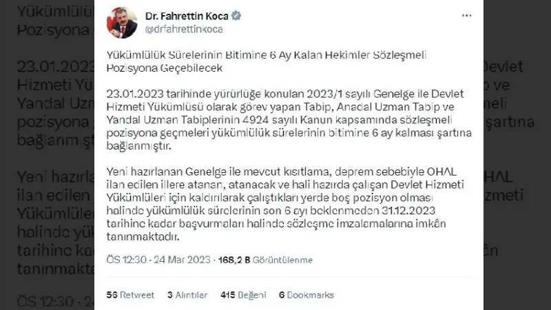 Bakan Koca: Yükümlülük süresi bitimine 6 ay kalan hekimler sözleşmeli pozisyona geçebilecek