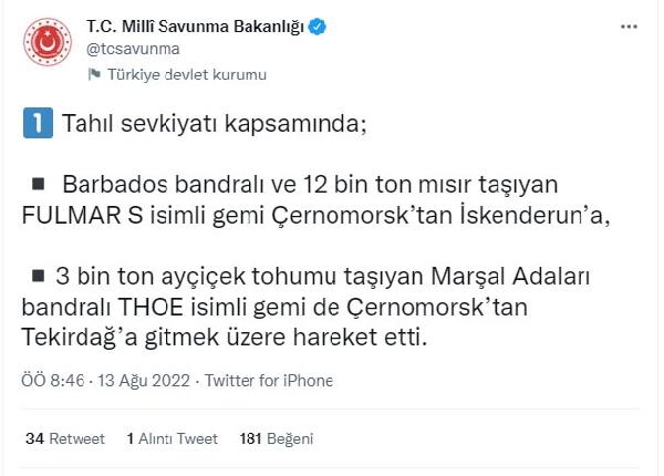 MSB: Ukrayna'dan mısır ve ayçiçeği tohumu yüklü 2 gemi hareket etti