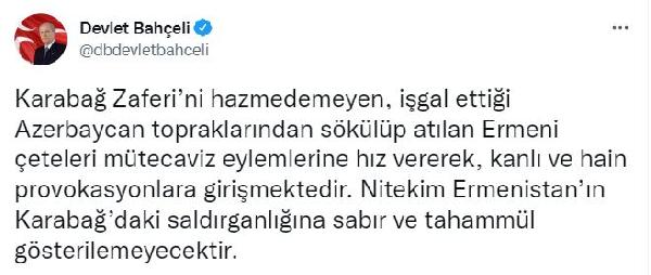 Bahçeli: Ermenistan'ın saldırganlığına sabır ve tahammül gösterilemeyecek