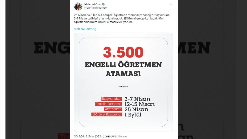 Bakan Özer: 3 bin 500 engelli öğretmen ataması yapacağız