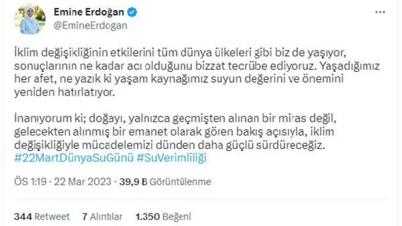 Emine Erdoğan: İklim değişikliğiyle mücadelemizi daha güçlü sürdüreceğiz