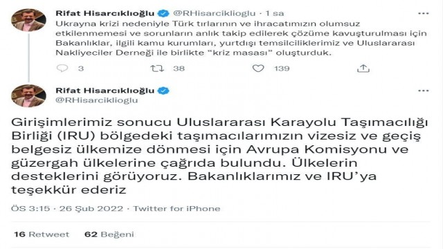 Hisacıklıoğlu: ”Türk tırlarının olumsuz etkilenmemesi için kriz masası oluşturduk”