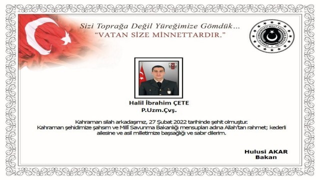 Pençe-Yıldırım Harekatı bölgesinde silah kazası sonucu bir uzman çavuş şehit oldu
