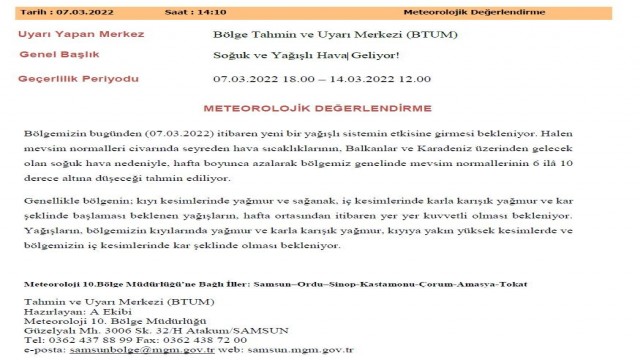 Samsun’a soğuk ve yağışlı hava geliyor: Sıcaklık 6 ile 10 derece düşecek