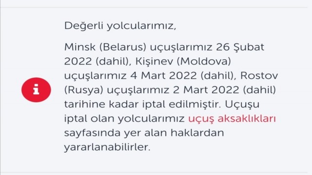 THY’nin Rostov, Minsk ve Kişinev seferleri iptal edildi